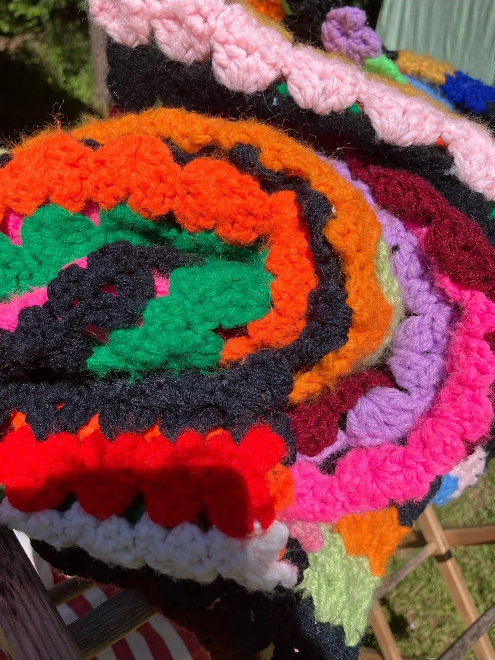 Crocheted vintage maximalist multi color wool & acrylic afghan 4 x 5